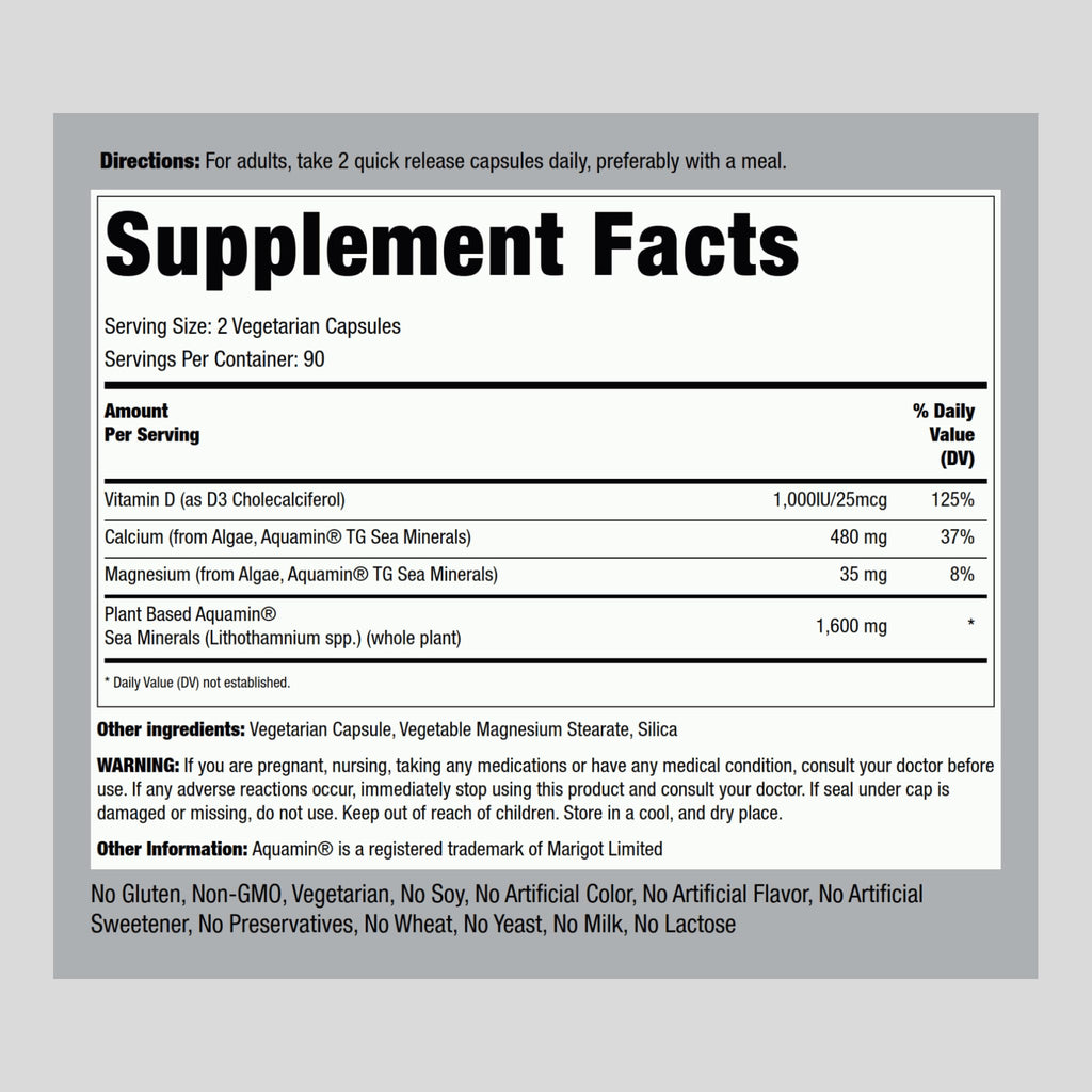 Piping Rock Red Mineral Algae | Vegetarian Calcium | 180 Capsules | Plant Based Plus Trace Minerals | Plus D3 1000 IU | Non-GMO, Gluten Free Supplement