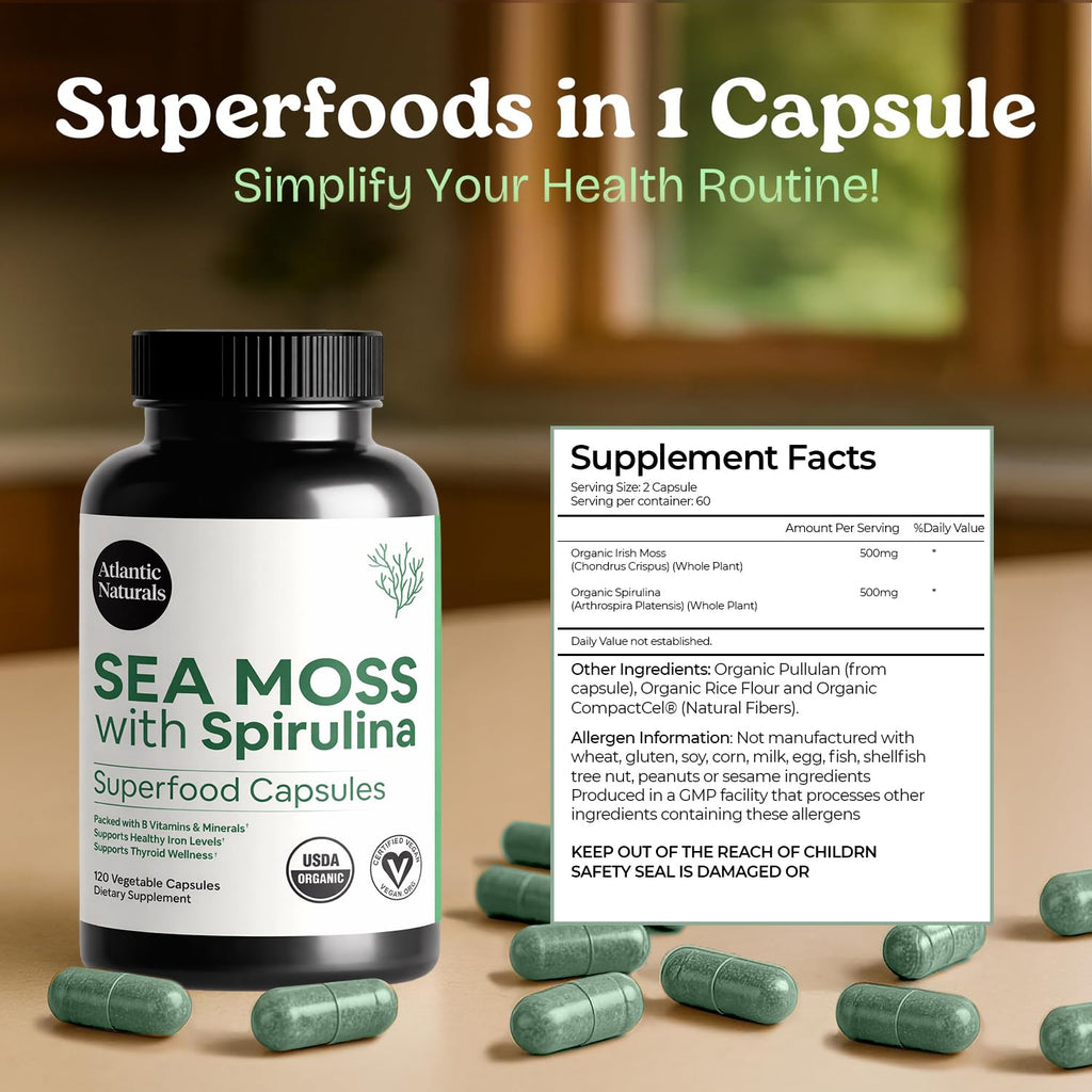 Atlantic Naturals Sea Moss with Spirulina Superfood Capsules - Multivitamin Supplement Supports Healthy Iron and Immune Health, Alternative to Seamoss Gel and Powder