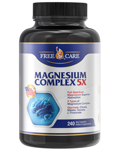 Supplement bottle labeled 'Free Care Magnesium Complex 5X' on a white background