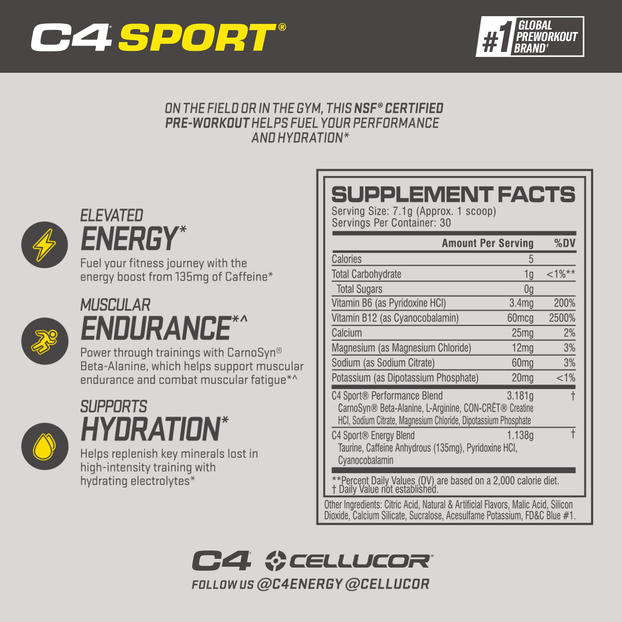 Cellucor C4 Sport Pre Workout Powder Blue Raspberry - Pre Workout Energy with 3g + 135mg Caffeine and Beta-Alanine Performance Blend