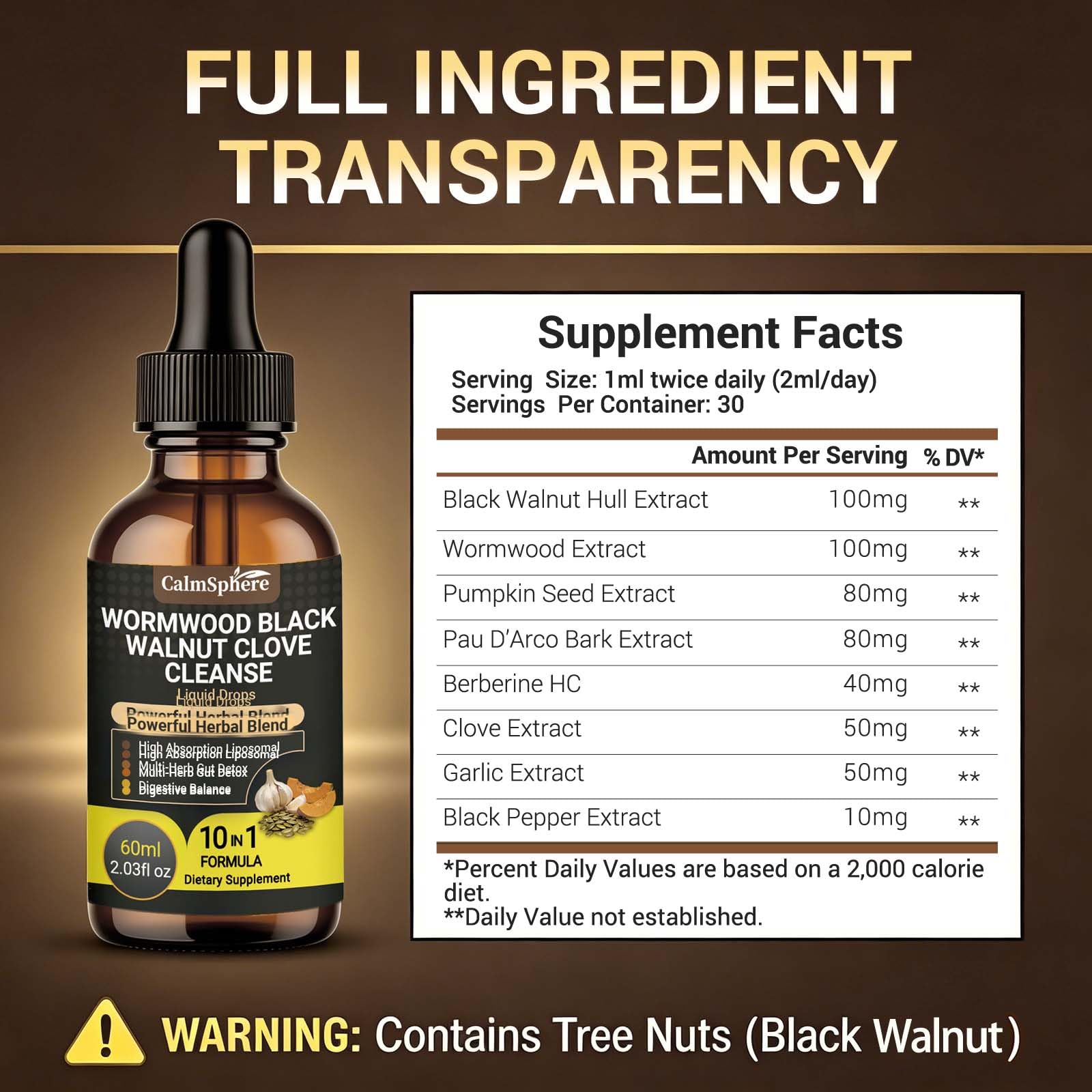 Wormwood Black Walnut Clove Garlic Liquid Drops, Liposomal Fast Absorption with Pumpkin Seed, Pau D'Arco, Berberine, Black Pepper, for Gut Digestive Health