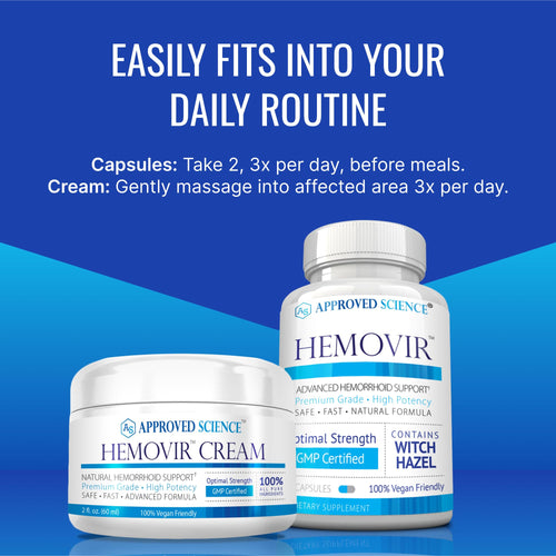 Approved Science Hemovir - Hemorrhoid Capsules and Cream - Dual-Action Stops Itching and Optimizes Blood Flow - Internal and External Care - 45 Capsules + 2 Fl Oz - Vegan - Non GMO - Made in The USA Approved ScienceBuy Supplements Australia