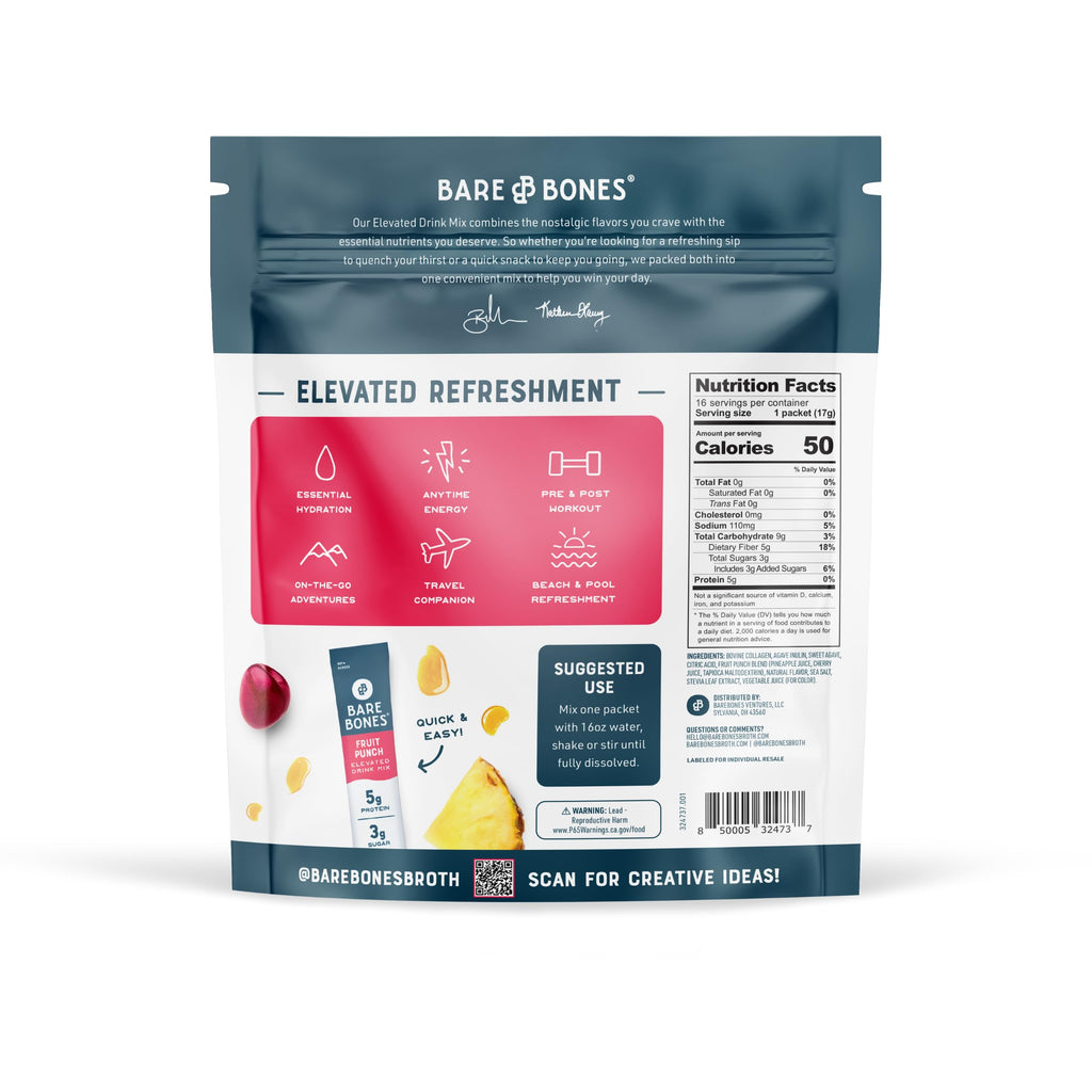 Bare Bones Fruit Punch Fruit Collagen Peptides Powder Drink Mix Packets | 5g Protein | Naturally Sweetened | Light & Flavorful | Gluten-Free On-the-Go Stick