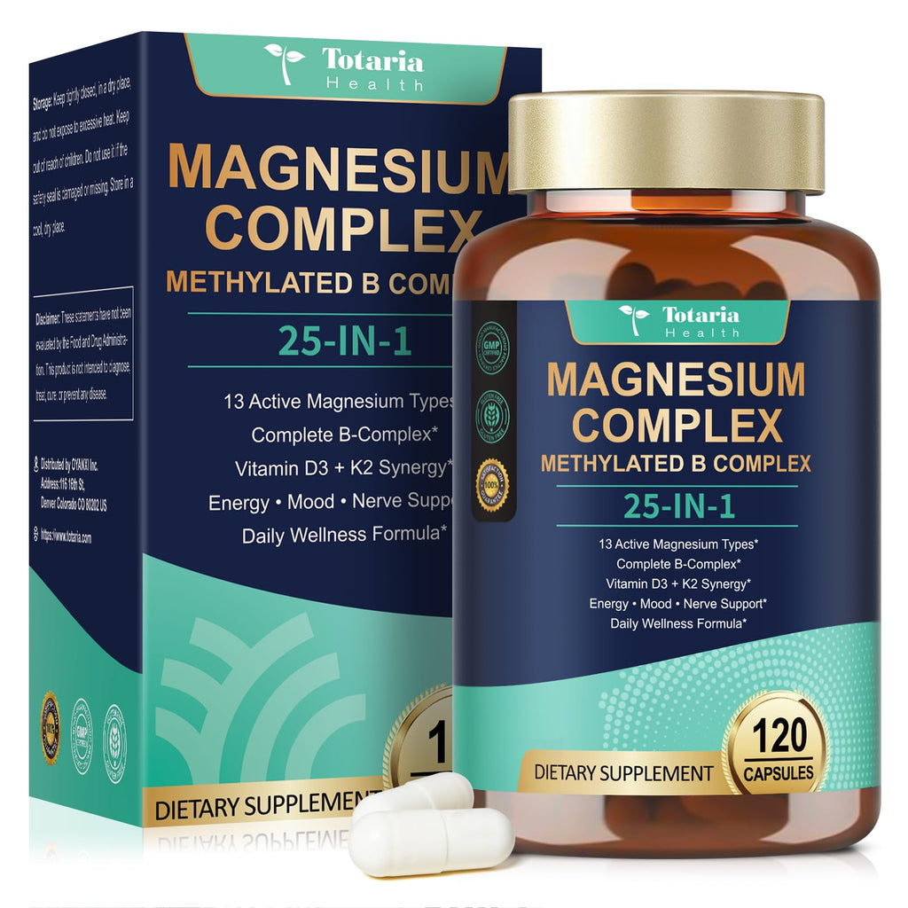 Supplement bottle and packaging of Totaria Health Magnesium Complex Methylated B Complex on a white background