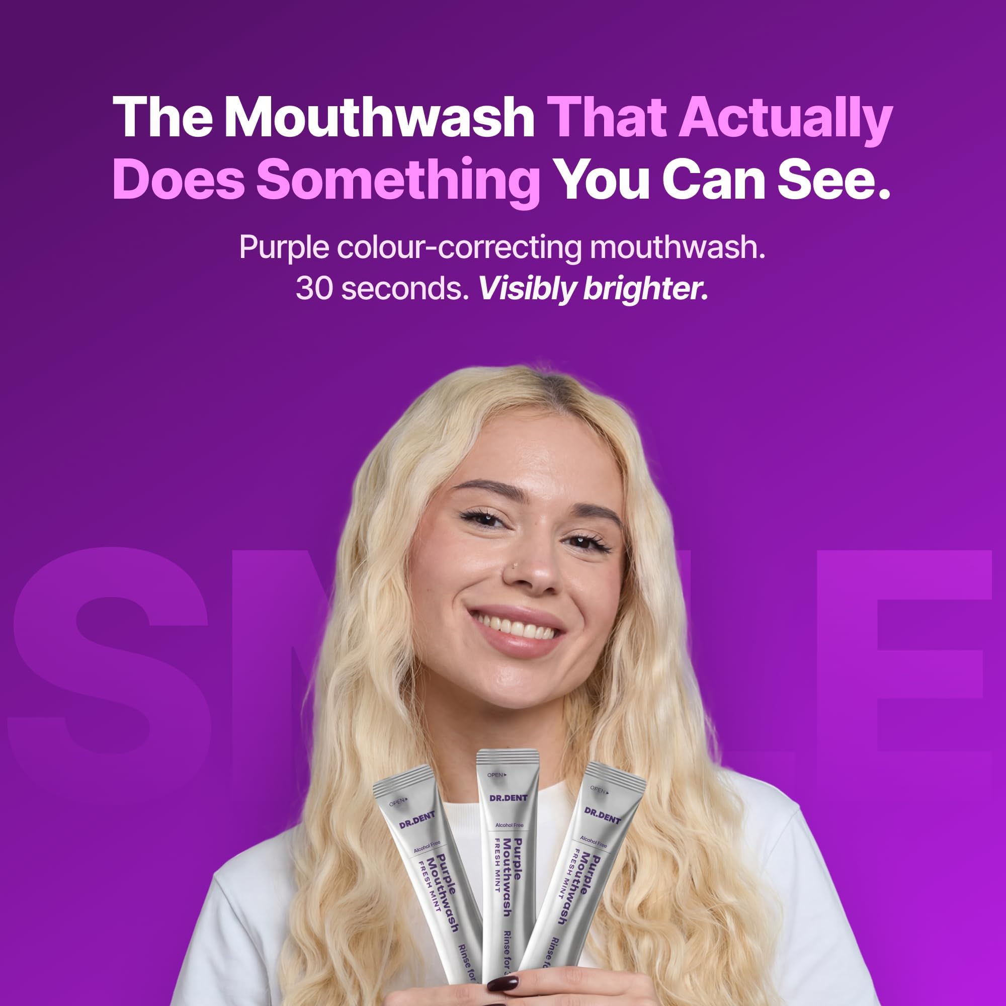 DR.DENT Purple Mouthwash for Teeth Whitening - Color Correcting Mouthwash Sachets - Peroxide Free, Alcohol Free - Freshens Breath, Supports Gum Health