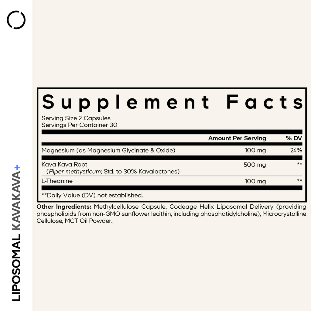Codeage Liposomal Kava Kava+ Supplement - 500 mg 30% Kavalactones with Magnesium Glycinate - Magnesium Oxide - L-Theanine - Liposomal Delivery - Non-GMO - 60 Capsules CodeageBuy Supplements Australia