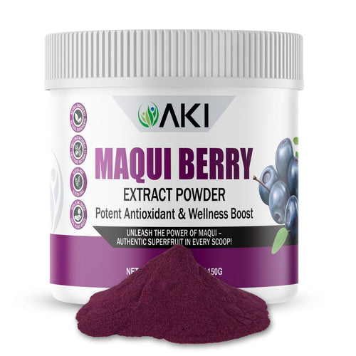MAKI Maqui Berry Extract Powder container with powder spilling out on a white background