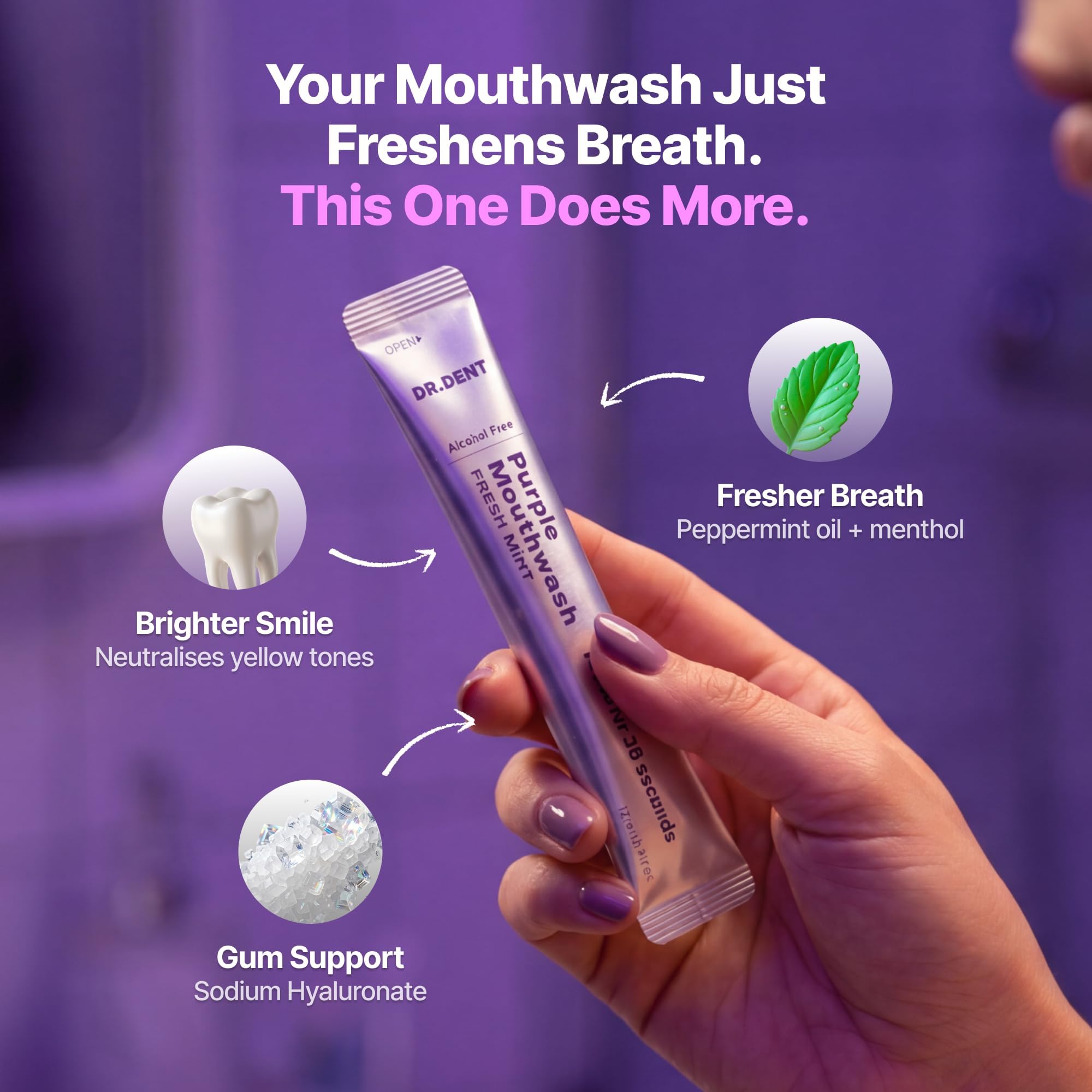 DR.DENT Purple Mouthwash for Teeth Whitening - Color Correcting Mouthwash Sachets - Peroxide Free, Alcohol Free - Freshens Breath, Supports Gum Health