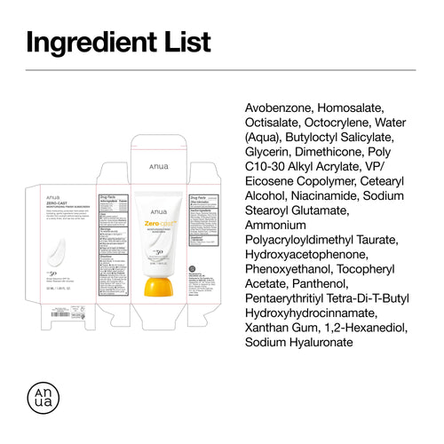 Anua, Zero-Cast Moisturizing Sunscreen SPF 50, Glow Natural Sunscreen for face, No White