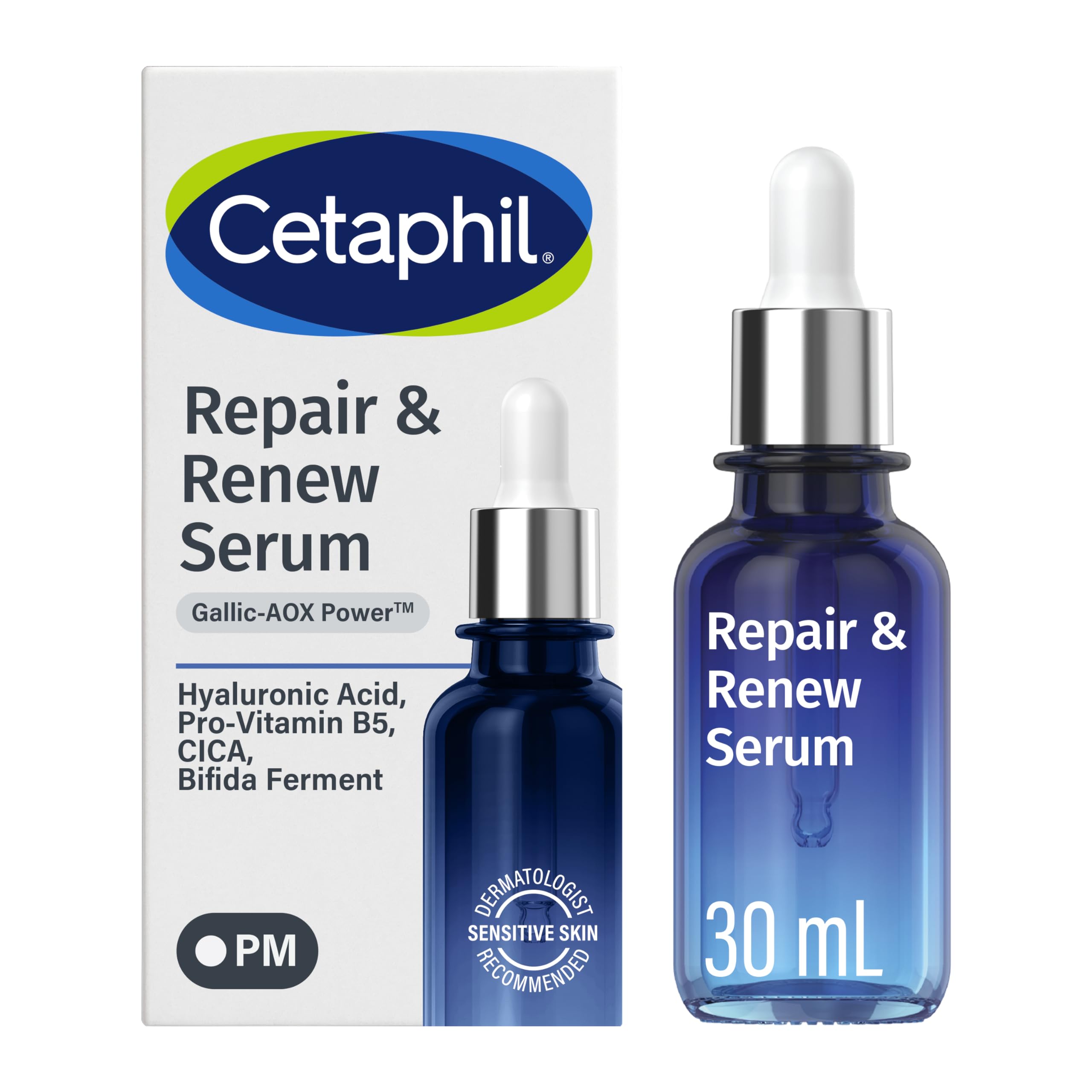 CETAPHIL Repair & Renew Night Serum for Stressed Sensitive Skin with Gallic Acid & Vitamin E, PM Face Serum, Repairs Skin Barrier Overnight