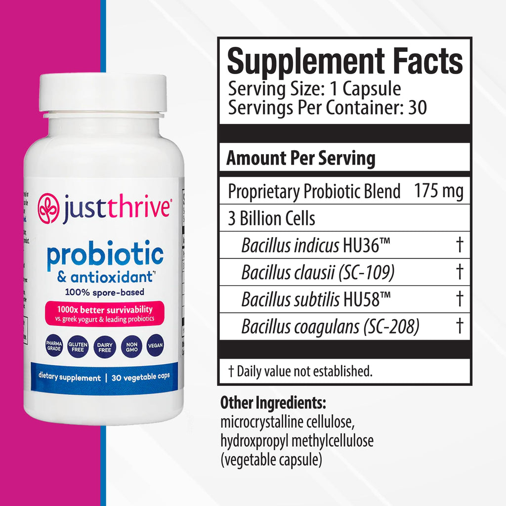 Just Thrive Probiotic & Antioxidant Supplement - 100% Spore-Based Digestive and Immune Support - Gluten Free, 30 Caps