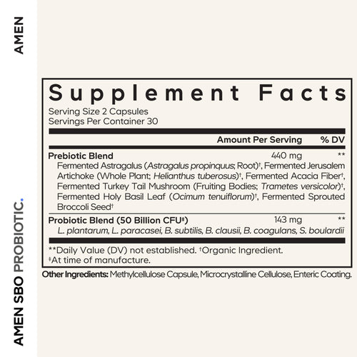 Amen Probiotics Supplement, SBO Probiotic and Organic Prebiotics, 50 Billion CFUs, Shelf Stable, No Refrigeration Required, Flora Daily Probiotic Formula for Women & Men