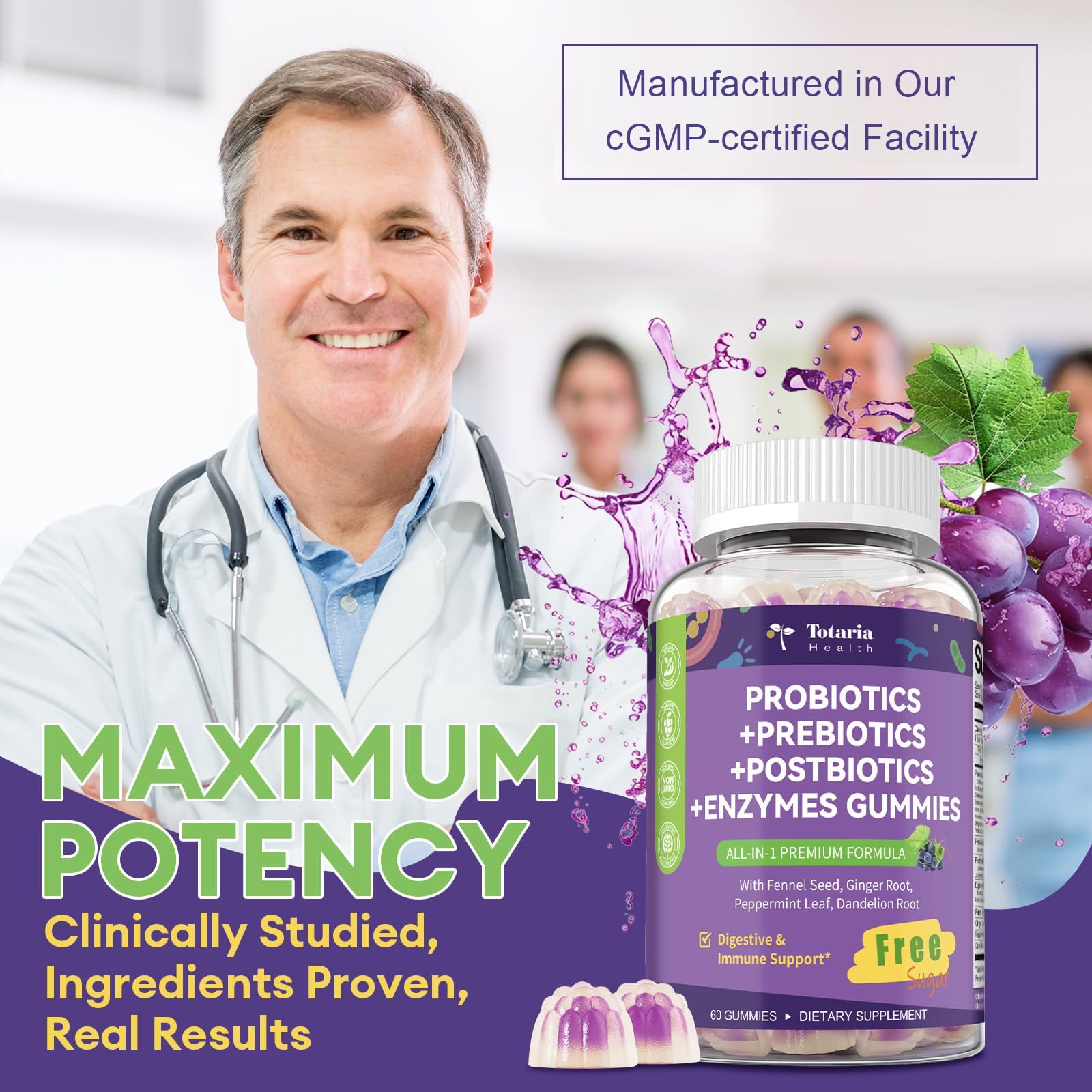 Totaria 2 PCS Sugar Free 5-in-1 Probiotic Prebiotic Postbiotic Gummy, 36 Strains Probiotics for Women Men with Digestive Enzymes, Peppermint, Complete Immune, Gut & Digestive Support, Grape Flavor