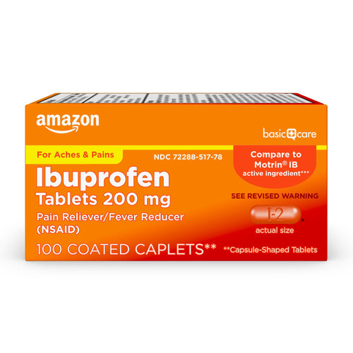 Amazon Basic Care Ibuprofen Tablets 200 mg packaging on a white background