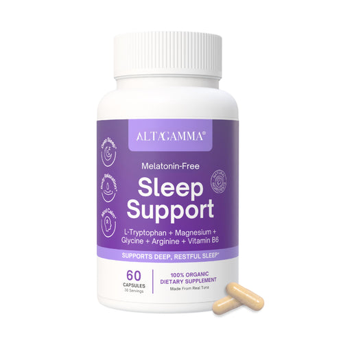 Supplement bottle labeled 'Sleep Support' by Alt+Gamma on a white background