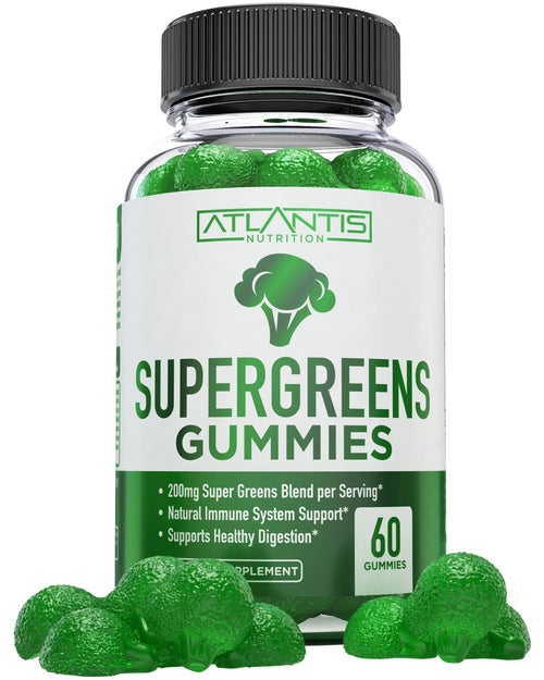 Atlantis Nutrition Supergreens Gummies - Daily Green Superfoods Supplement with Spinach, Broccoli, Moringa, Beet Root, Celery, Green Tea, & Acai for Immunity Support - Natural Raspberry Flavor, 60 cnt Atlantis NutritionBuy Supplements Australia