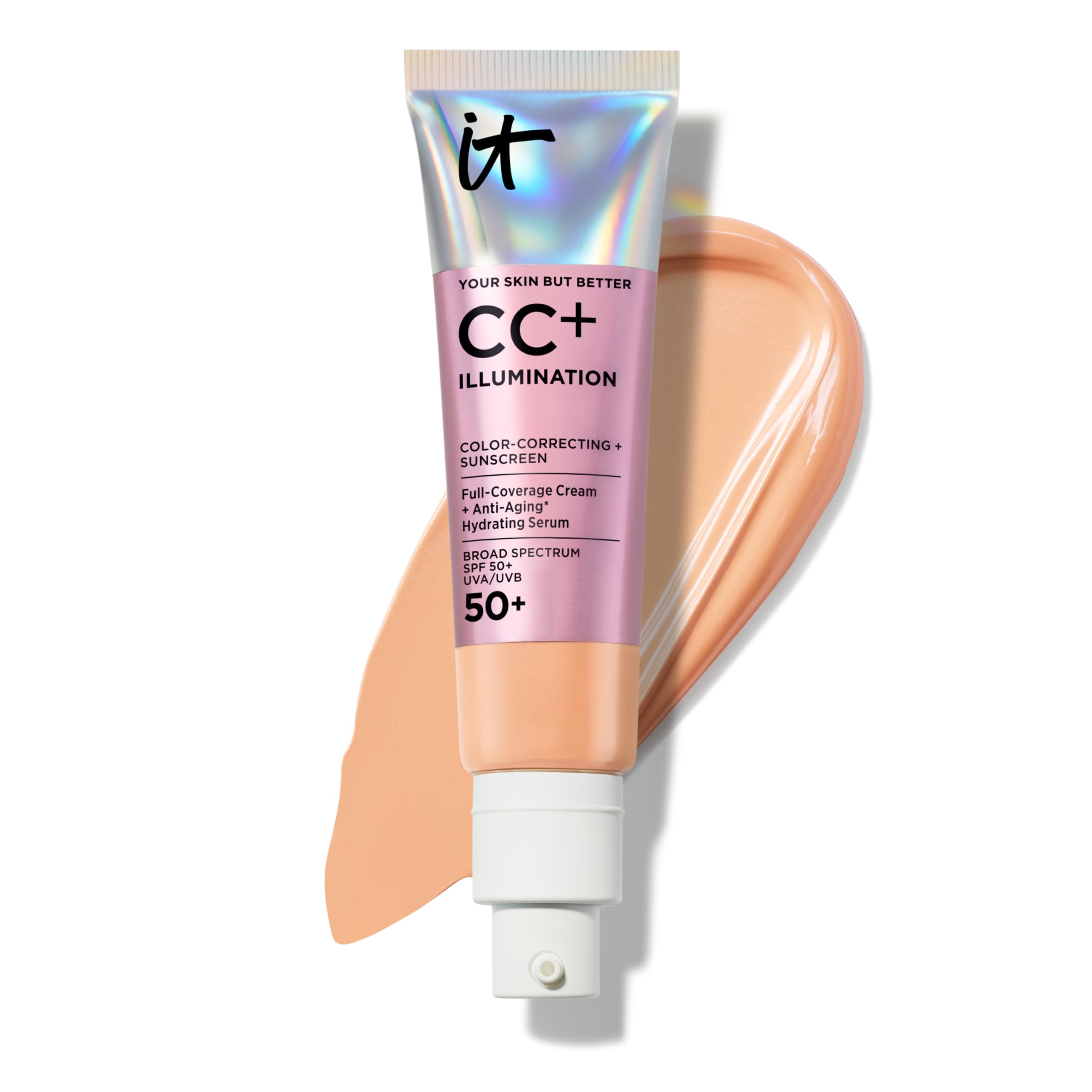 IT Cosmetics CC+ Cream Illumination (Medium Tan) - Radiant Full Coverage Foundation With SPF 50+, Color Corrector & Hydrating Anti-Aging Serum, Hydrolyzed Collagen + Peptides - 1.08 fl oz
