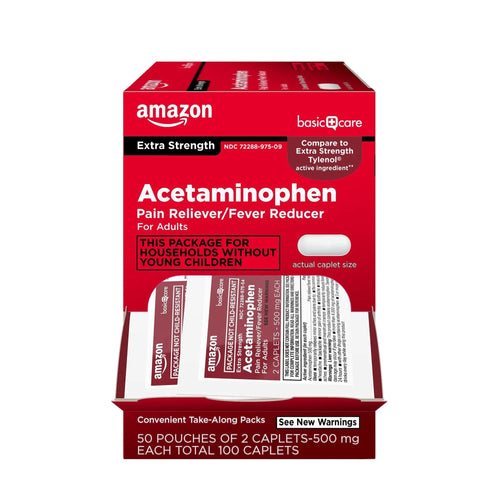 Amazon Basic Care Extra Strength Acetaminophen Caplets 500 mg, Pain Reliever and Fever Reducer, Gentle on Stomach, For Arthritis Pain, Backache Pain and More, 50 Packets of 2 Capsules Each, 100 Count Amazon Basic CareBuy Supplements Australia
