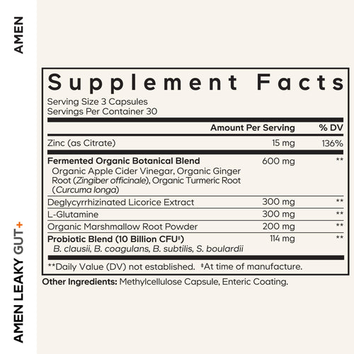 Amen Leaky Gut Supplement - Advanced Formula with Bioavailable L Glutamine, Zinc, Turmeric, DGL Licorice Root - Marshmallow Root - Probiotics & Fermented Prebiotics