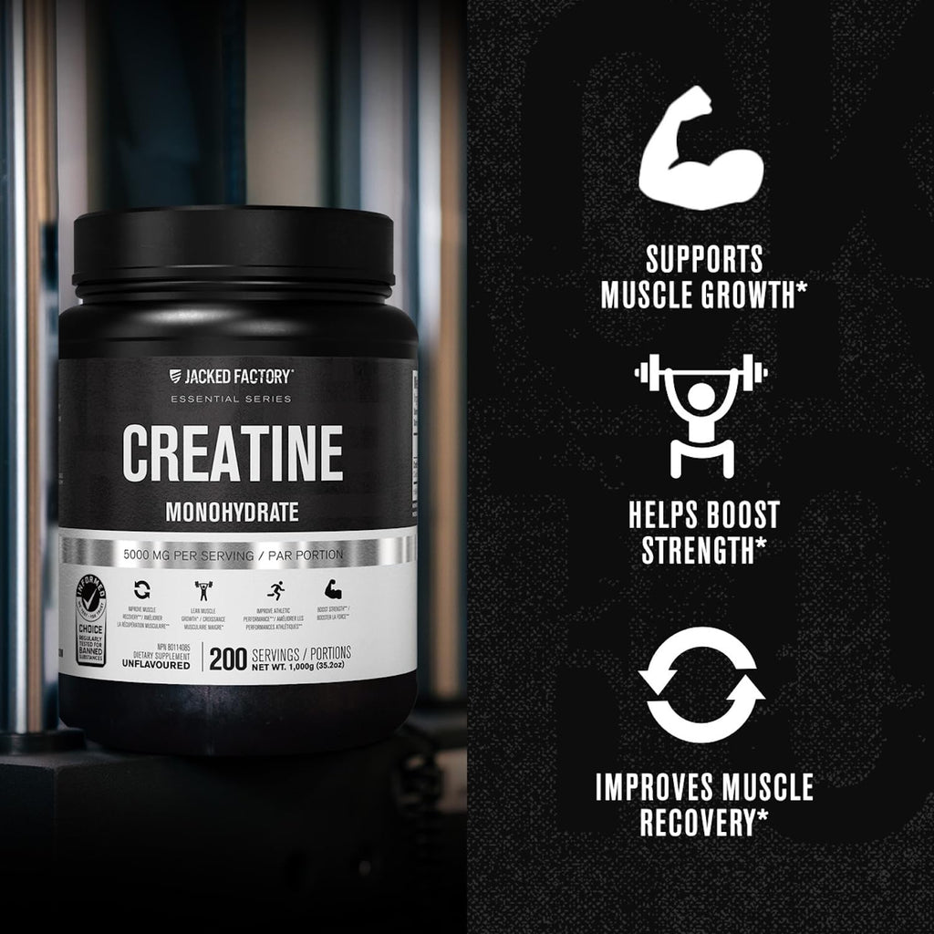 Jacked Factory Creatine Monohydrate Powder 1000g - 5g Daily Creatine Supplement for Men and Women, Vegan-Friendly,