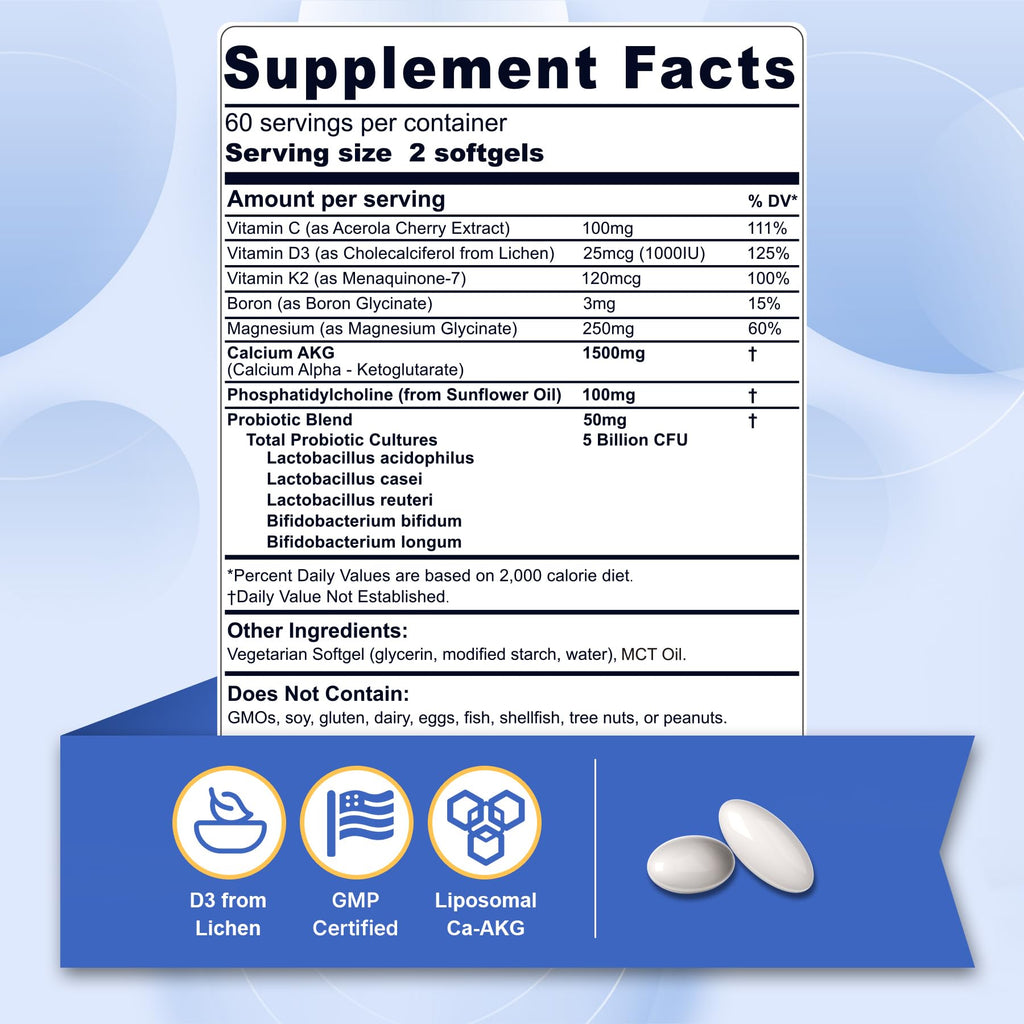 Liposomal Calcium AKG Supplement 1500mg with Vitamin D3 & K2 Softgels for Women & Men│ High Absorption│Calcium Supplements with Magnesium Glycinate