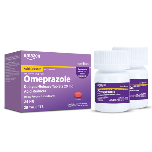 Amazon branded Omeprazole medication packaging on a white background