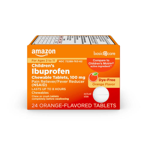 Amazon Basic Care Children's Ibuprofen Chewable Tablets 100 mg, Orange Flavor, Dye Free, Pain Reliever and Fever Reducer (NSAID), For Ages 2-11, 24 Count Amazon Basic CareBuy Supplements Australia