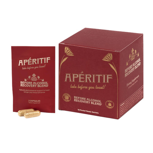 Apéritif before alcohol recovery blend packaging with capsules on a white background
