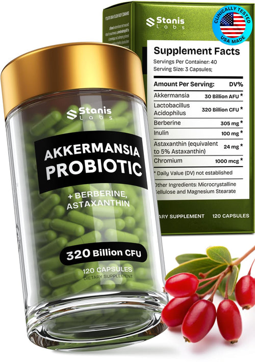 Akkermansia probiotic supplement with packaging and berries on a white background