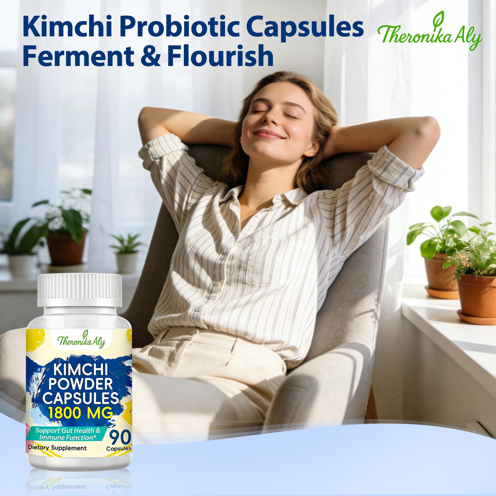Kimchi Probiotic Capsules, Fermented Kimchi Powder with 10 Billion CFU Probiotics & Prebiotic Inulin, Gut Health & Digestive Support, Fermented Vegetable