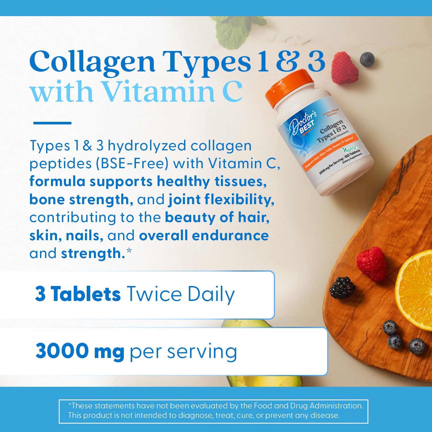 Doctor's Best Collagen Peptides Types 1 & 3 - Collagen Supplement for Women & Men, Supports Hair, Skin, Nails, & Joint Health, Includes 30 mg Vitamin C & 3 g Protein Per Serving, Non GMO - 180 Tablets Doctor's BEST buy supplements Au