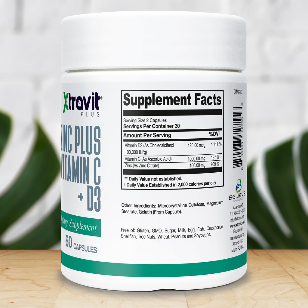 Xtravit Zinc Plus Vitamin C + D3 Supplement – Natural Immune Defense Supplements for Men & Women - May Support Skin, Energy, Bones, & Overall Wellness - Non-GMO, Gluten-Free, No Fillers, 60 Capsules Xtravit buy supplements Au