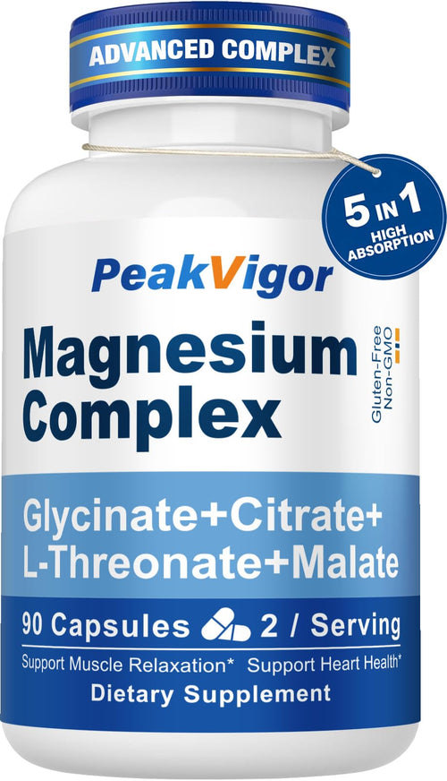 PeakVigor Magnesium Complex supplement bottle with blue and white label