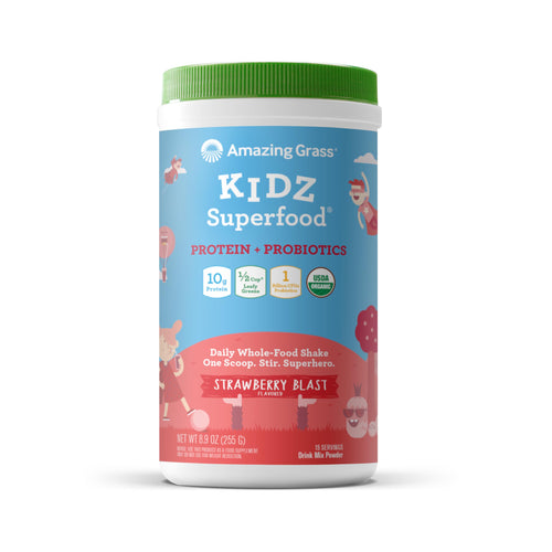 Amazing Grass Kidz Superfood: Vegan Protein & Probiotics for Kids with Beet Root Powder & 1/2 Cup of Leafy Greens, Strawberry Blast, 15 Servings Amazing GrassBuy Supplements Australia