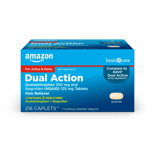 Amazon Basic Care Dual Action Acetaminophen 250 mg and Ibuprofen (NSAID) 125 mg Tablets, Pain Reliever for Headache, Backache, Menstrual Pain, Arthritis Pain Relief, 216 Count Amazon Basic CareBuy Supplements Australia
