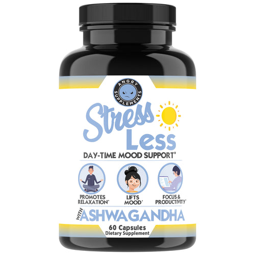 Angry Supplements Stress Less Day-Time Mood Support Pills – Natural Stress Relief with Ashwagandha, Rhodiola, L-Theanine, Magnesium & B Vitamins– Calm Focus & Mental Clarity – 60 Capsules (1-Bottle) Angry SupplementsBuy Supplements Australia