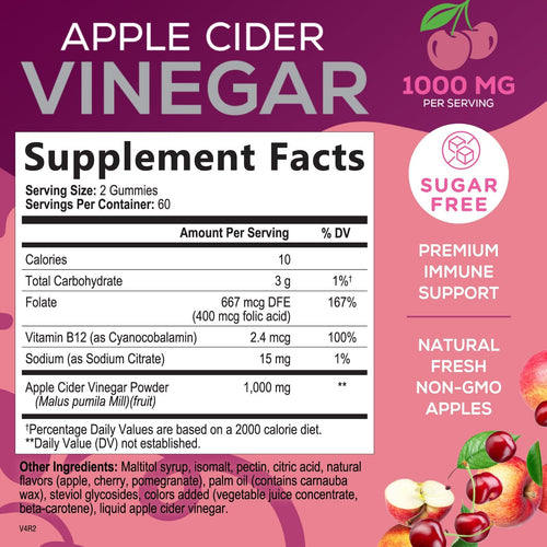 Apple Cider Vinegar Gummies 1000mg Per Serving - Sugar Free ACV Gummy Vitamins Supplement - Vitamin B12 & B6 for Energy - Digestion, Detox & Cleanse Support, Vegan