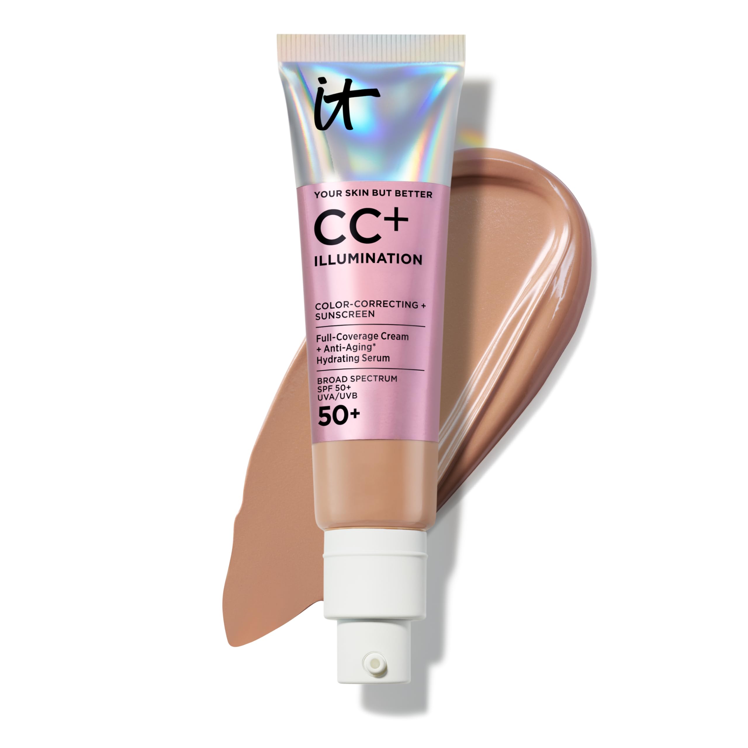 IT Cosmetics CC+ Cream Illumination (Tan) - Radiant Full Coverage Foundation With SPF 50+, Color Corrector & Hydrating Anti-Aging Serum, Hydrolyzed Collagen + Peptides - 1.08 fl oz