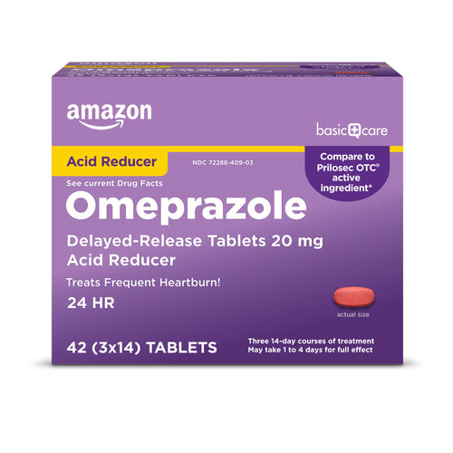 Amazon Basic Care Omeprazole delayed-release tablets packaging on a white background