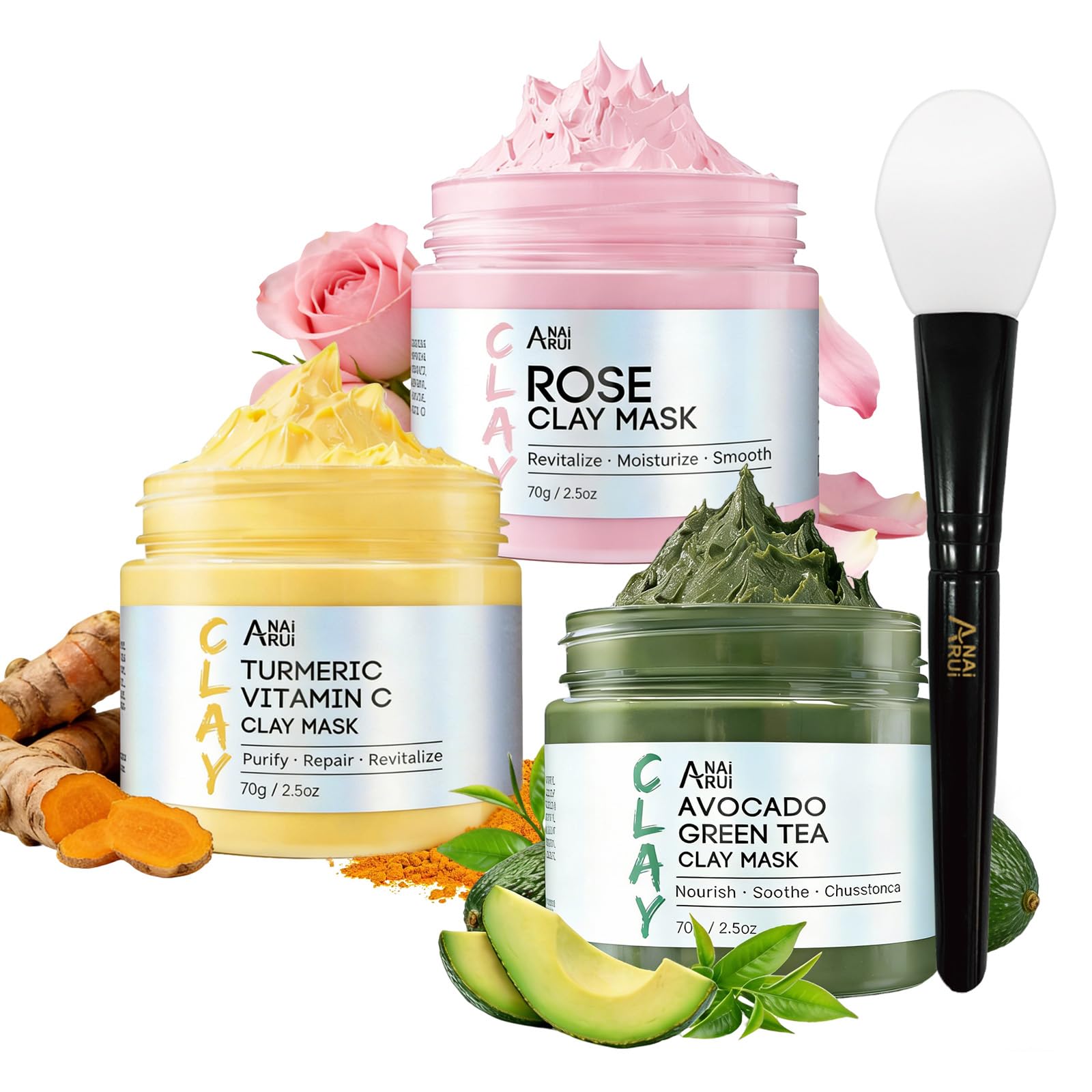 ANAI RUI 3 Pack Clay Mask Set Turmeric Vitamin C Clay Mask -Rose Facial Mask -Avocado Green Tea Mud Mask Smoothing, Hydration & Glow,Spa Gift Set