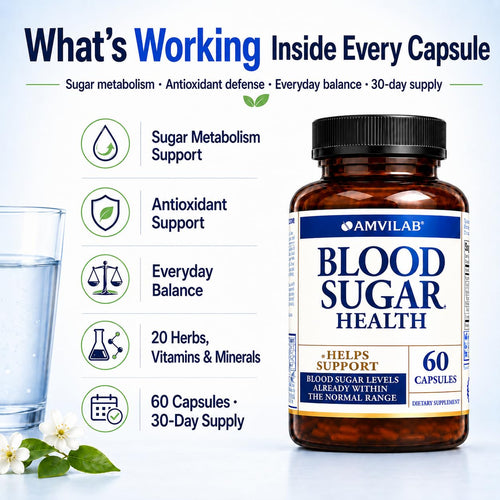 AMVILAB Blood Sugar Health Natural 20 Herbs and Vitamins with Cinnamon, Alpha Lipoic Acid to Support Health, Non-GMO, for Men Women, Supports Healthy Energy Levels