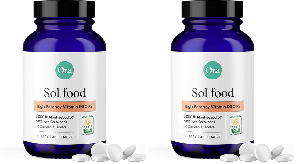 Ora Organic Vitamin D3 5000IU + K2 - Vegan Vitamin D from Lichen and K2 from Chickpeas for Bone Health, Immune Support, & Mood, Maximum Absorption - 1 Month Supply, 30 Chewable Tablets (Pack of 2)