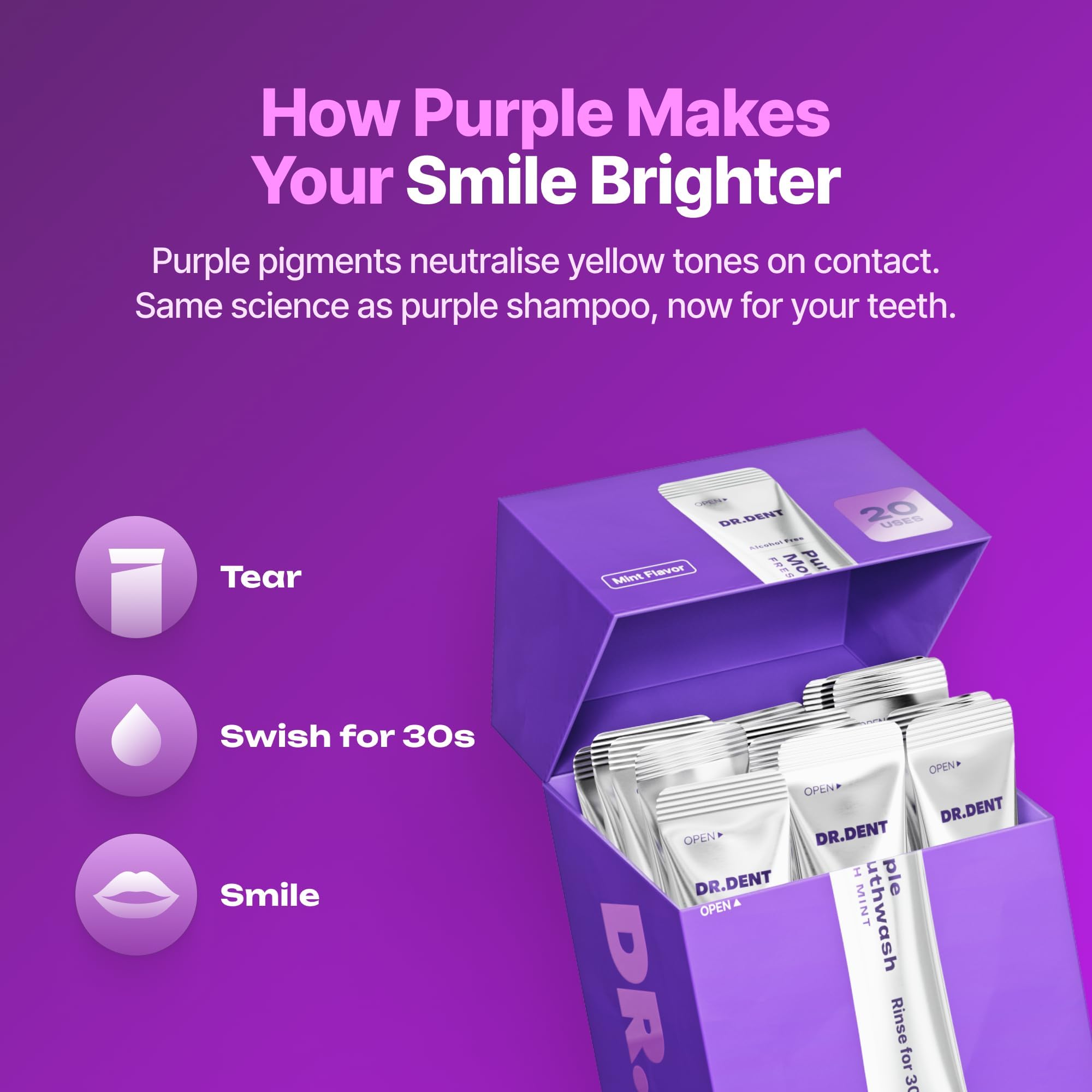 DR.DENT Purple Mouthwash for Teeth Whitening - Color Correcting Mouthwash Sachets - Peroxide Free, Alcohol Free - Freshens Breath, Supports Gum Health