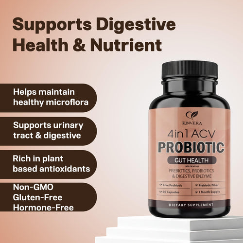 4-in-1 ACV Gut Formula – Apple Cider Vinegar, Prebiotics & Probiotics, Digestive Enzymes – Immune & Complete Digestion – 60 Veggie Capsules