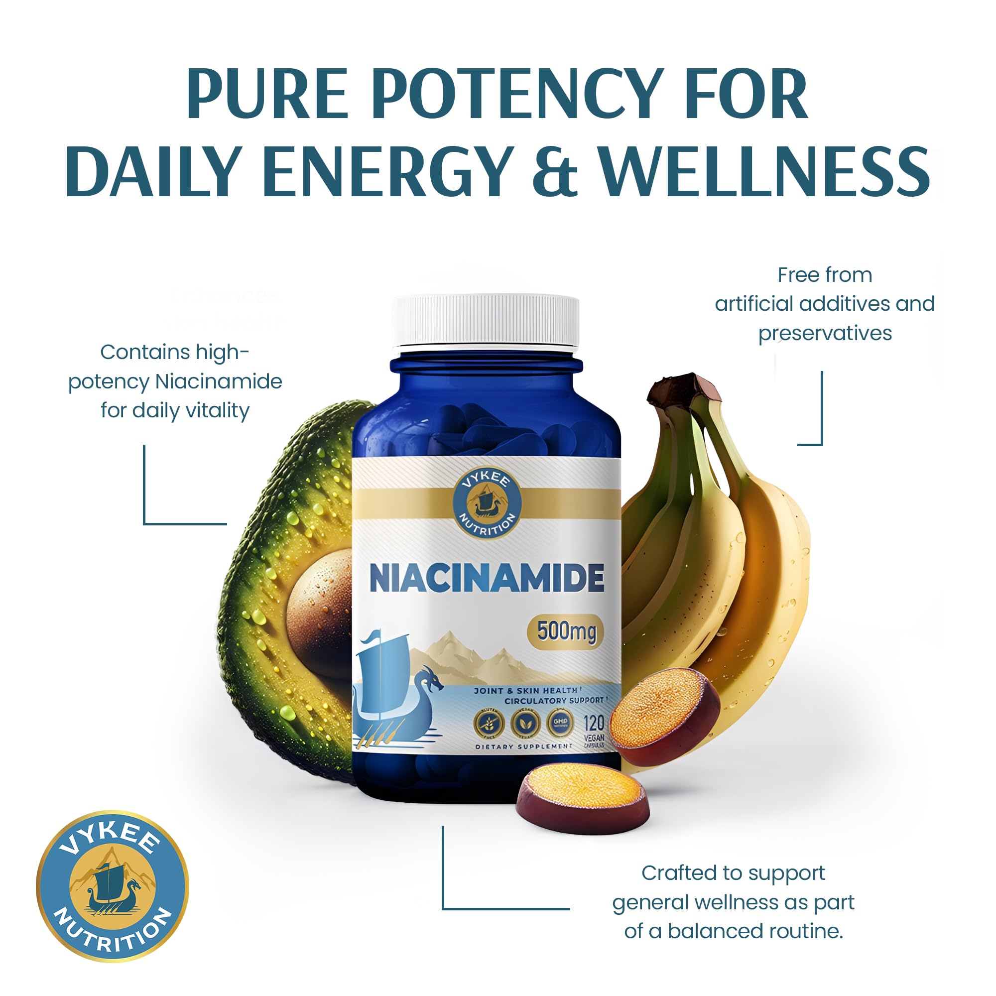 Vykee Nutrition Niacinamide Capsules - Vitamin B3 Supplement for Skin Wellness Cellular Energy and Metabolic Support - Vegan, Non-GMO Gluten Free