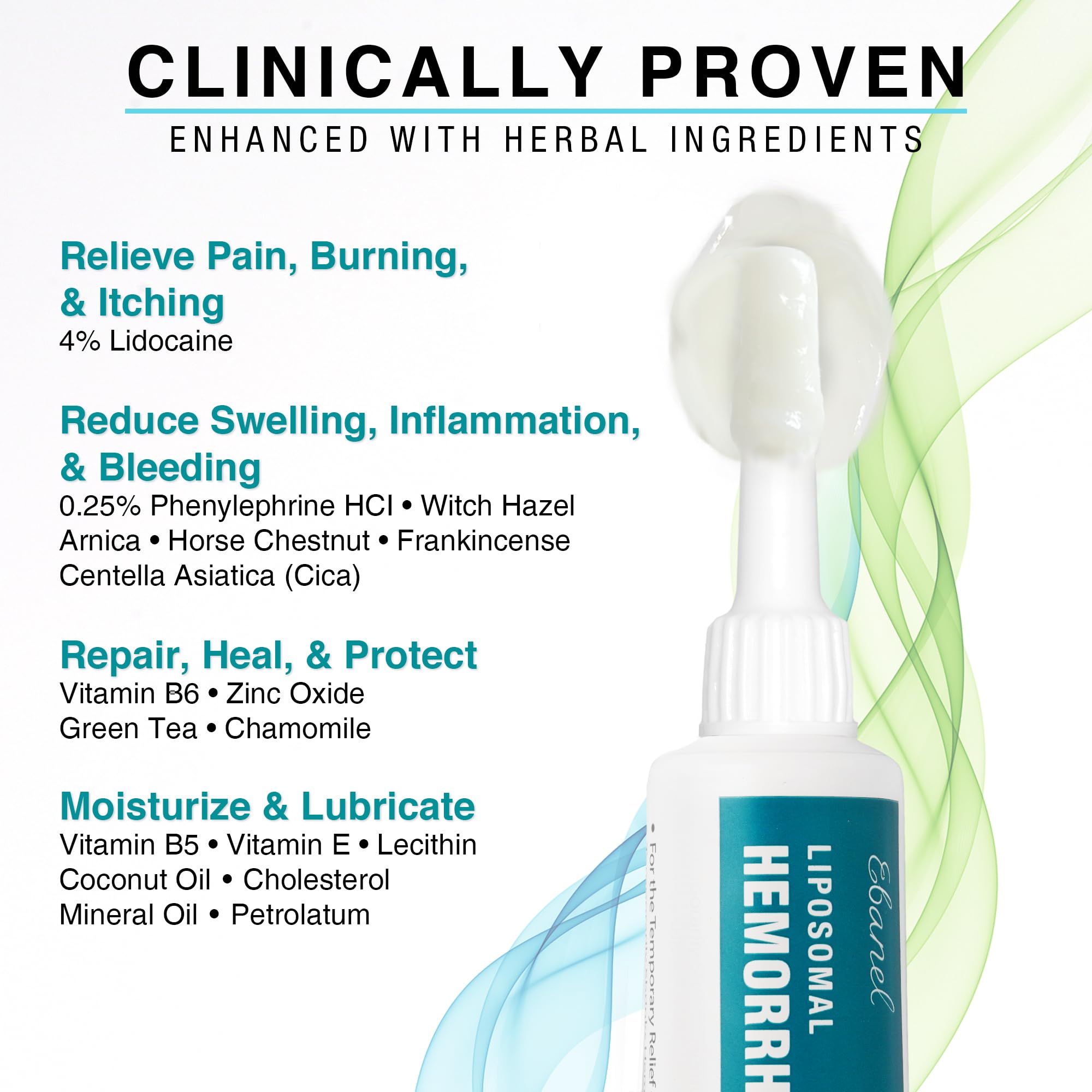 Ebanel 4% Lidocaine Hemorrhoid Treatment Ointment with Phenylephrine, Witch Hazel, Vitamin B6, Zinc Oxide, Frankincense, External and Internal Hemorrhoids Treatment Burn Itch Pain Relief Anal Cream