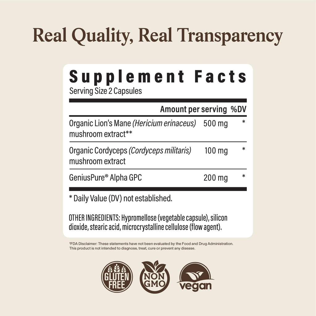 Real Mushrooms Lion’s Mane Focus Capsules (90 Count) – Organic Lions Mane Fruiting Body Extracts with 200mg Alpha GPC Choline