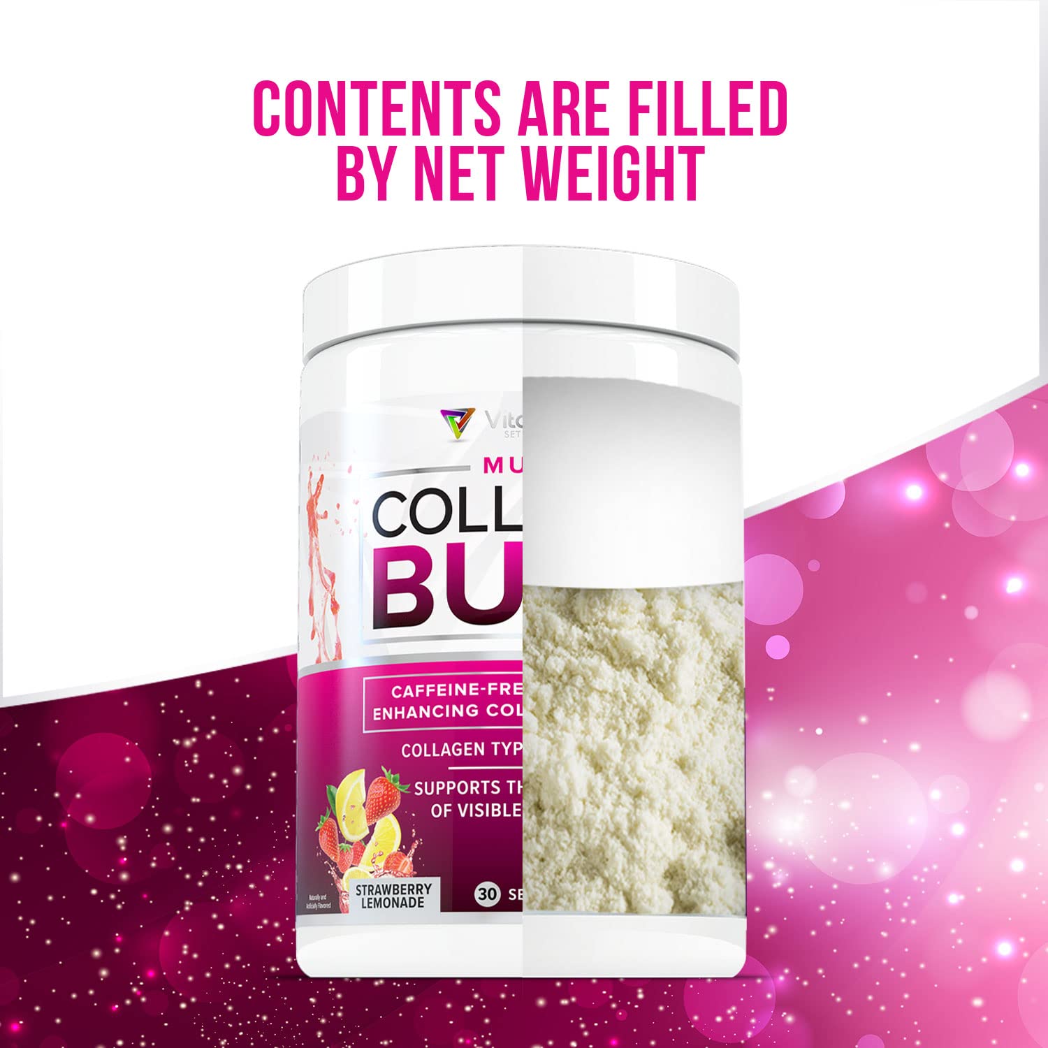 Multi Collagen Burn: Hydrolyzed Protein Peptides with Hyaluronic Acid, Vitamin C, SOD B Dimpless, Types I, II, III, V and X, Caffeine-Free Strawberry