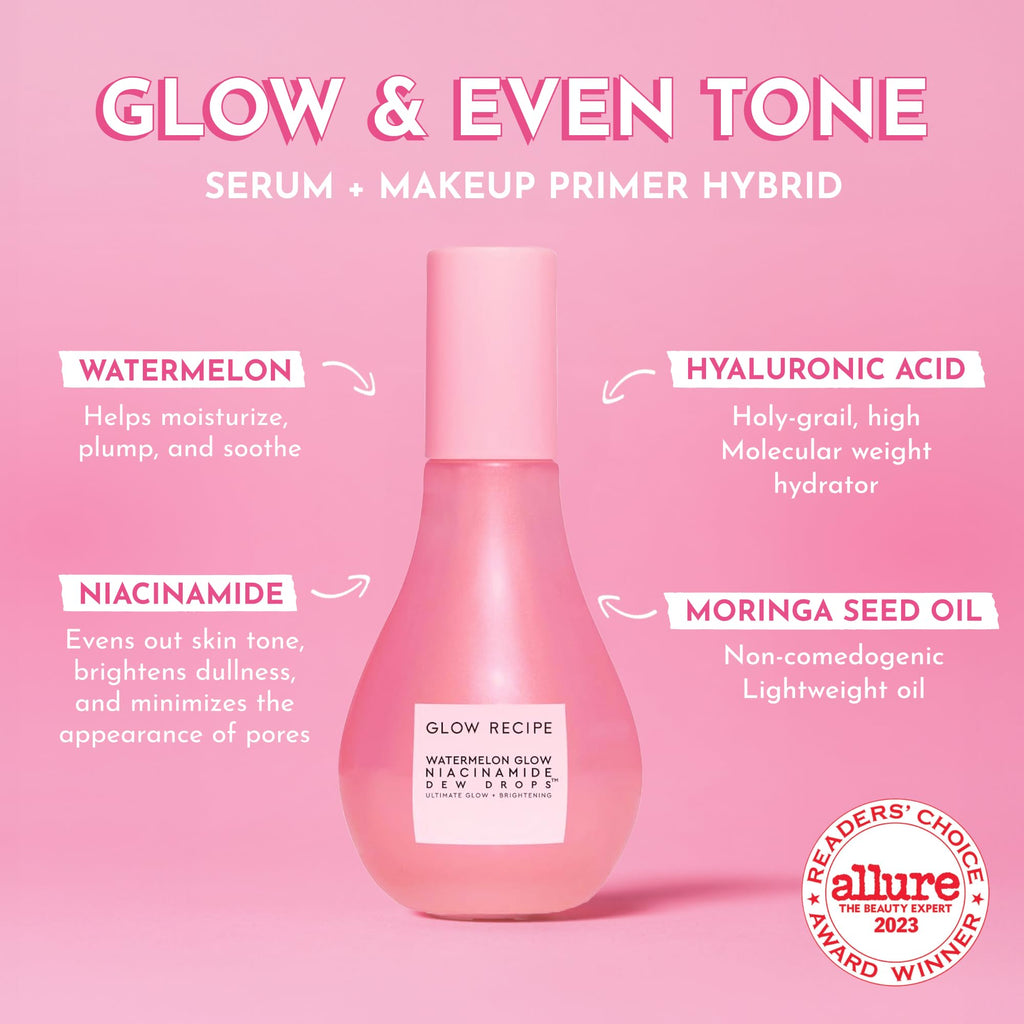 Glow Recipe Watermelon Niacinamide Dew Drops - Brightening, Plumping Hydrating Face Serum, Makeup Primer + Liquid Highlighter with Hyaluronic Acid