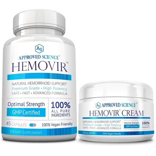 Approved Science Hemovir - Hemorrhoid Capsules and Cream - Dual-Action Stops Itching and Optimizes Blood Flow - Internal and External Care - 45 Capsules + 2 Fl Oz - Vegan - Non GMO - Made in The USA Approved ScienceBuy Supplements Australia